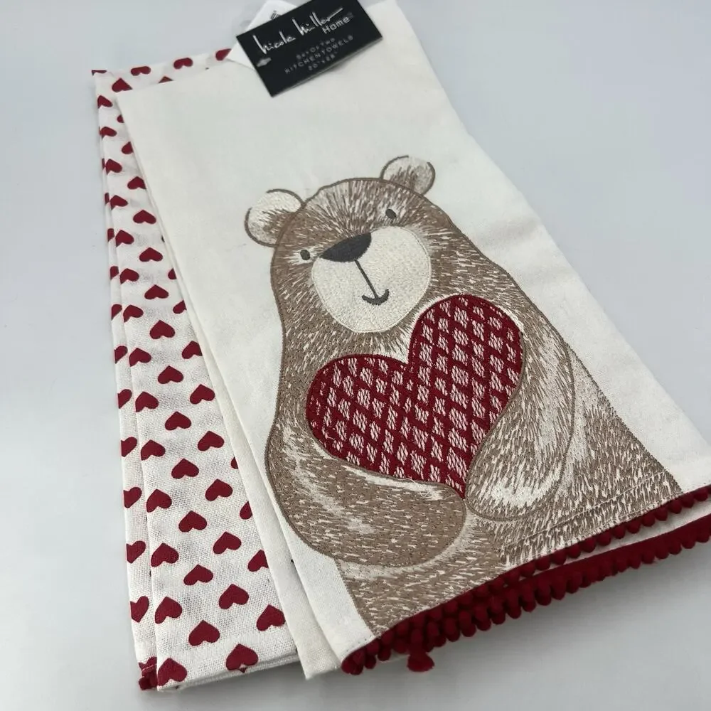 Nicole Miller Valentine's Day 2 Kitchen Towels Hearts Bear Red White Pom Poms
